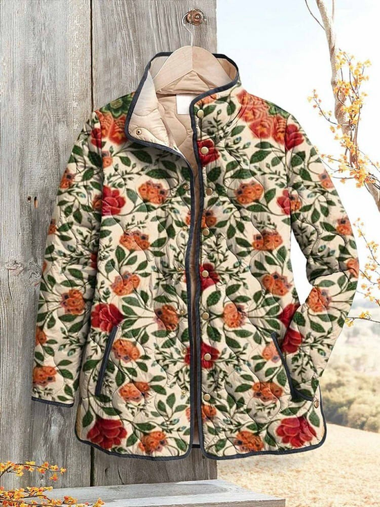 Damen Retro Print Winter Geblümt Stehkragen Gepolstert Parka