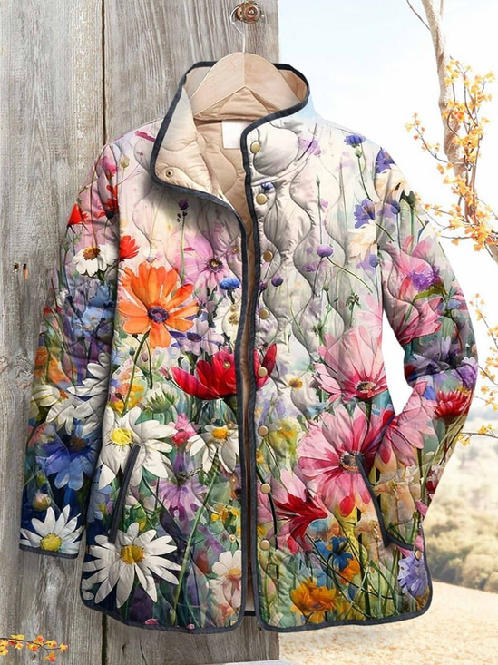Damen Retro Print Winter Geblümt Stehkragen Gepolstert Parka