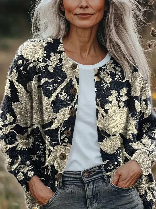 Damen Geblümt Retro Frühling/Herbst Print Strickjacke