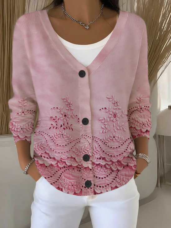 Damen Geblümt Langarm V-Ausschnitt Lässig Frühling/Herbst Strickjacke Oberbekleidung