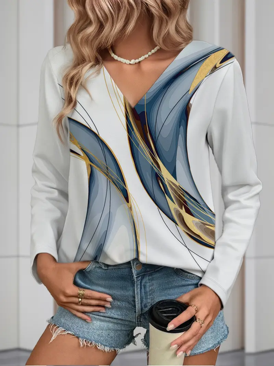 Damen Abstrakt Langarm T-Shirts T-Shirt V-Ausschnitt Print Lässig Frühling/Herbst T-Shirt mit Grafik Oberteile