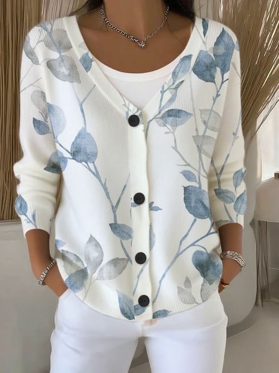 Damen Geblümt Langarm V-Ausschnitt Lässig Frühling/Herbst Strickjacke Oberbekleidung