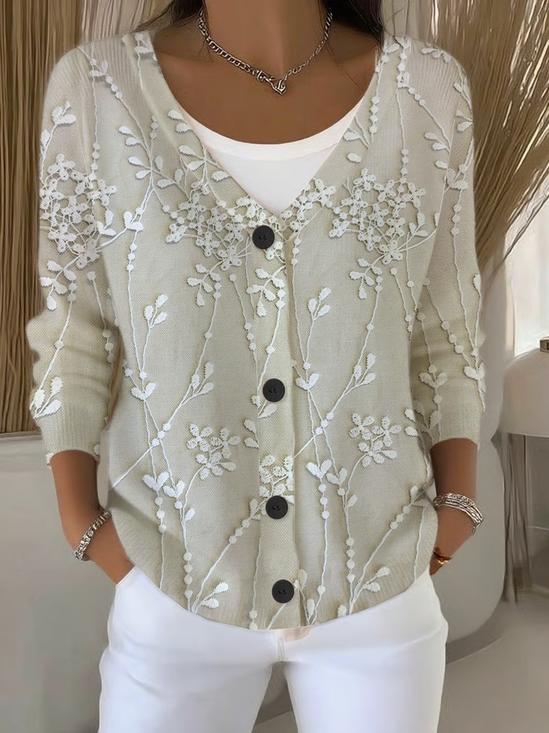 Damen Geblümt Langarm V-Ausschnitt Lässig Frühling/Herbst Strickjacke Oberbekleidung