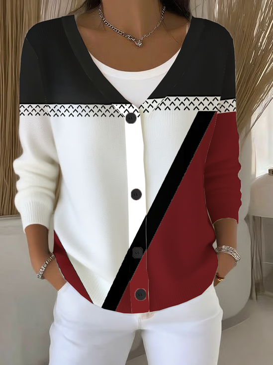 Damen Abstrakt Langarm V-Ausschnitt Lässig Frühling/Herbst Strickjacke Oberbekleidung