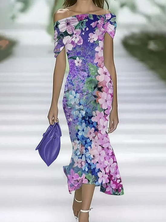 Damen Geblümt Flügelärmel Sommer Print Kleid Schulterfrei Täglich Retro Maxikleid H-Linie Kleid