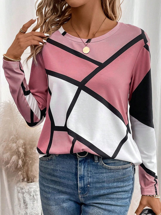 Damen Abstrakt Langarm T-Shirts T-Shirt Rundhals Print Lässig Frühling/Herbst T-Shirt mit Grafik Oberteile