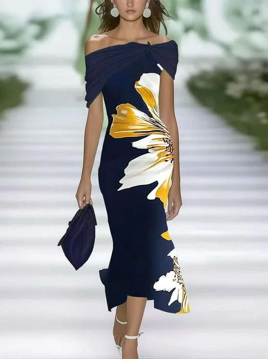 Damen Geblümt Flügelärmel Sommer Print Kleid Schulterfrei Täglich Retro Maxikleid H-Linie Kleid