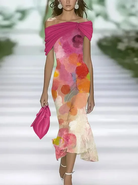 Damen Abstrakt Flügelärmel Sommer Print Kleid Schulterfrei Täglich Retro Maxikleid H-Linie Kleid