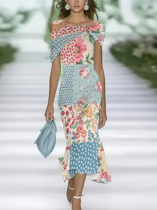 Damen Geblümt Flügelärmel Sommer Print Kleid Schulterfrei Täglich Retro Maxikleid H-Linie Kleid