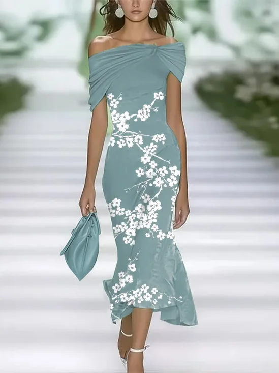 Damen Geblümt Flügelärmel Sommer Print Kleid Schulterfrei Täglich Retro Maxikleid H-Linie Kleid