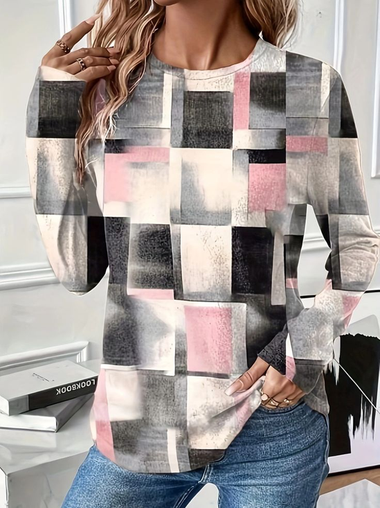 Damen Abstrakt Langarm T-Shirts T-Shirt Rundhals Print Lässig Frühling/Herbst T-Shirt mit Grafik Oberteile