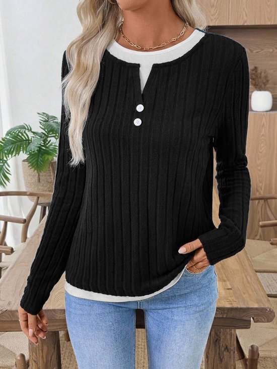 Damen Unifarben Langarm T-Shirts T-Shirt V-Ausschnitt Lässig Frühling/Herbst Oberteile