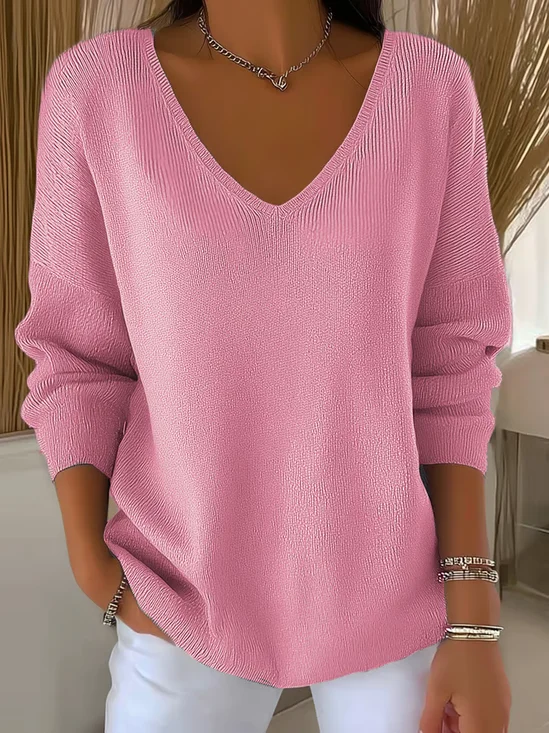 Damen Unifarben Langarm T-Shirts T-Shirt V-Ausschnitt Print Lässig Frühling/Herbst Oberteile