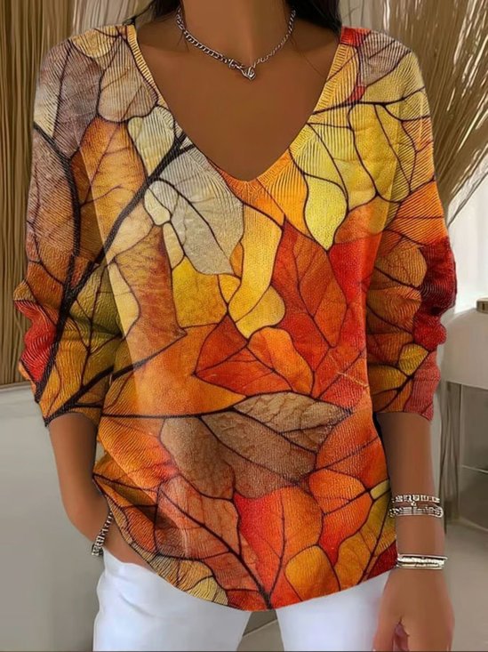 Damen Malerei Frühling/Herbst Lässig Langarm V-Ausschnitt Baumwolle Pullover