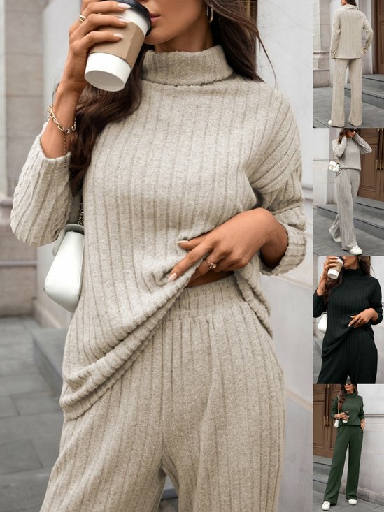 Damen Unifarben Nahtverarbeitung Zweiteiliges Set Täglich Langarm Lässig Frühling/Herbst Bluse mit Hose Matching Set
