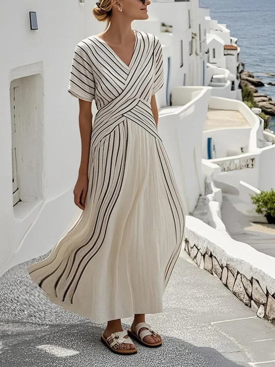 Damen Gestreift Kurzarm Sommer Nahtverarbeitung Kleid V-Ausschnitt Täglich Retro Maxikleid T-Shirt-Kleid A-Linien-Kleid