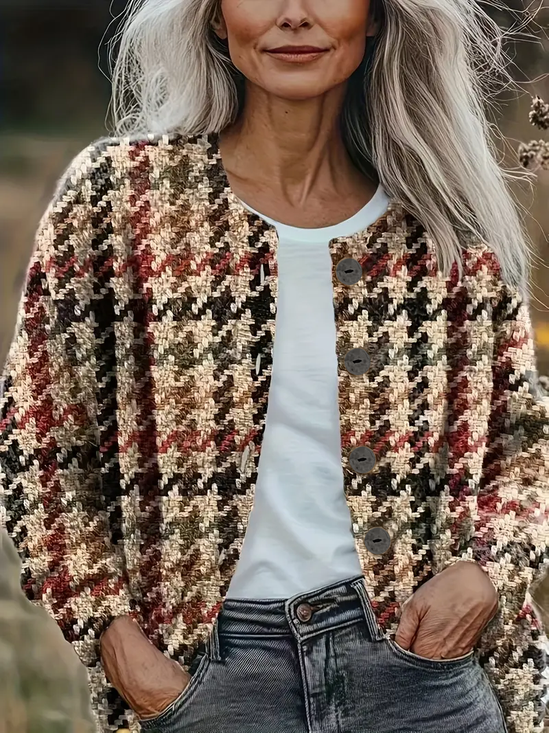 Damen Hahnentritt Print Langarm Rundhals Retro Frühling/Herbst Strickjacke Oberbekleidung