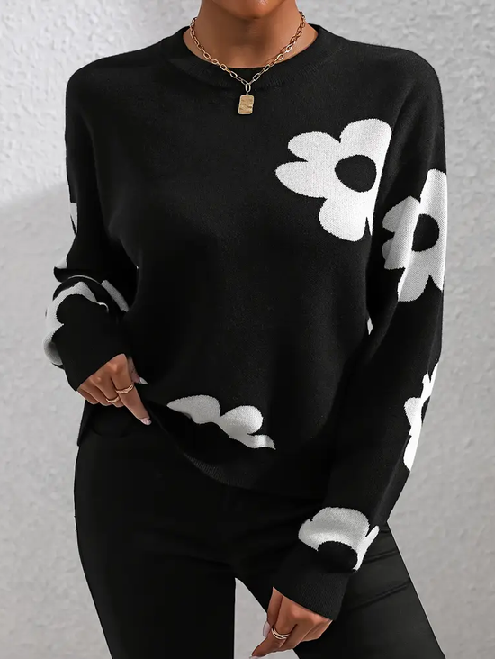 Damen Geblümt Print Frühling/Herbst Lässig Langarm Rundhals Pullover