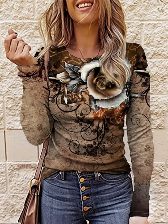 Damen Geblümt Langarm T-Shirts T-Shirt Rundhals Print Lässig Frühling/Herbst T-Shirt mit Grafik Oberteile