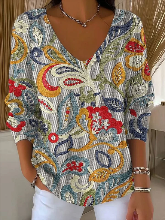 Damen Geblümt Langarm T-Shirts T-Shirt V-Ausschnitt Print Lässig Frühling/Herbst Oberteile