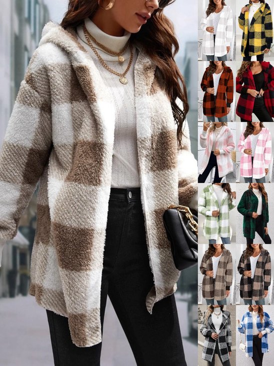 Damen Frühling/Herbst Oberbekleidung Retro Nahtverarbeitung Kariert Langarm Mit Kapuze Jacke