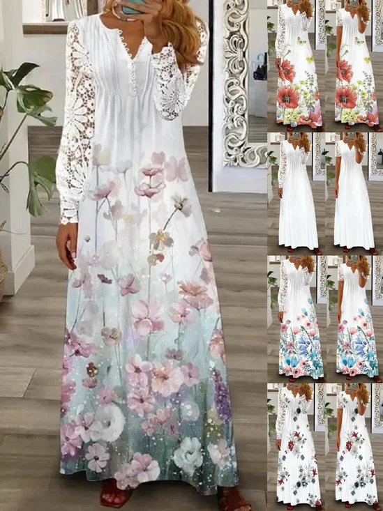 Damen Geblümt Langarm Frühling/Herbst Print Kleid V-Ausschnitt Täglich Retro Maxikleid T-Shirt-Kleid A-Linien-Kleid