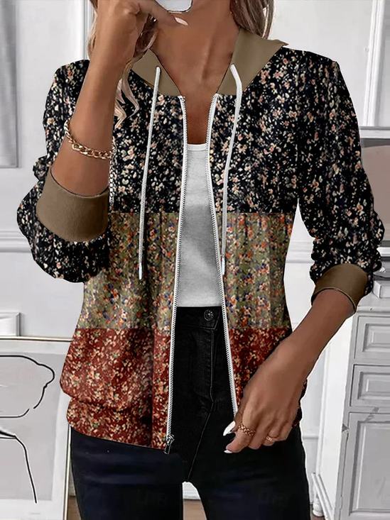 Damen Frühling/Herbst Oberbekleidung Lässig Print Geblümt Langarm Kapuze Jacke