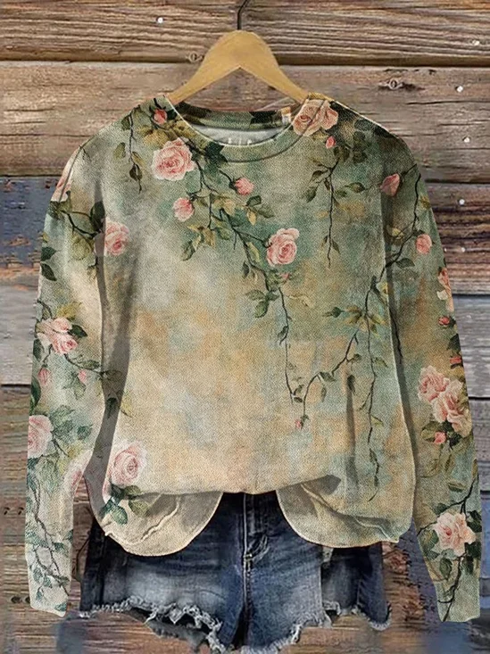 Damen Geblümt Rundhals Print Lässig Frühling/Herbst Langarm Sweatshirt
