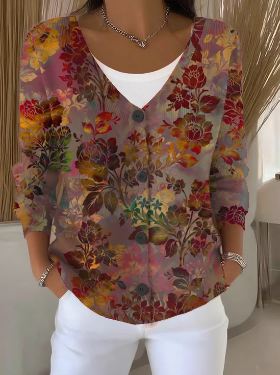 Damen Geblümt Langarm V-Ausschnitt Lässig Frühling/Herbst Strickjacke Oberbekleidung