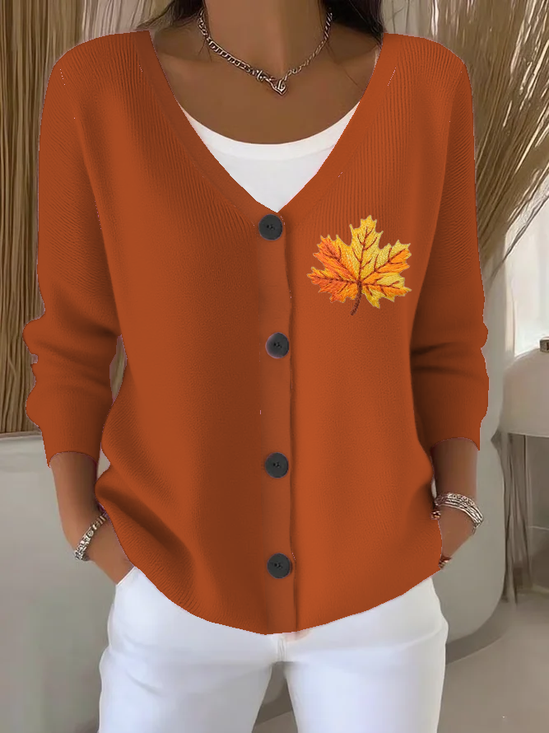 Damen Ahornblatt Langarm V-Ausschnitt Lässig Frühling/Herbst Strickjacke Oberbekleidung