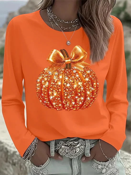 Damen Halloween (Kürbis) Langarm T-Shirts T-Shirt Rundhals Print Lässig Frühling/Herbst T-Shirt mit Grafik Oberteile