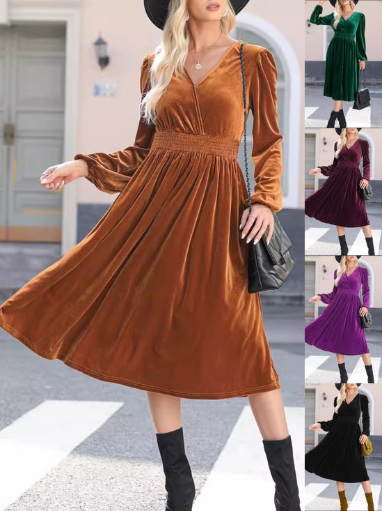 Damen Unifarben Langarm Frühling/Herbst Nahtverarbeitung Kleid V-Ausschnitt Täglich Retro Maxikleid T-Shirt-Kleid A-Linien-Kleid