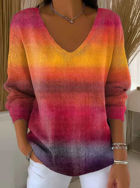 Damen Farbverlauf Frühling/Herbst Lässig Langarm V-Ausschnitt Baumwolle Pullover