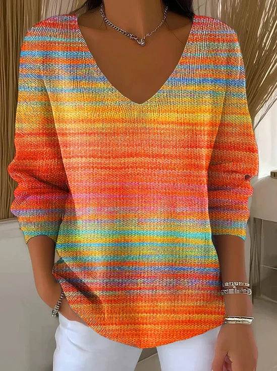 Damen Farbverlauf Frühling/Herbst Lässig Langarm V-Ausschnitt Baumwolle Pullover