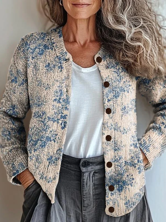 Damen Geblümt Print Langarm Rundhals Retro Frühling/Herbst Strickjacke Oberbekleidung