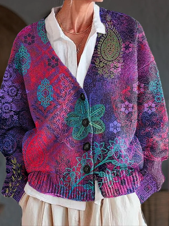 Damen Geblümt Print Langarm V-Ausschnitt Lässig Frühling/Herbst Strickjacke Oberbekleidung
