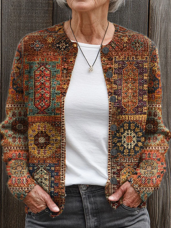 Damen Abstrakt Print Langarm Rundhals Retro Frühling/Herbst Strickjacke Oberbekleidung