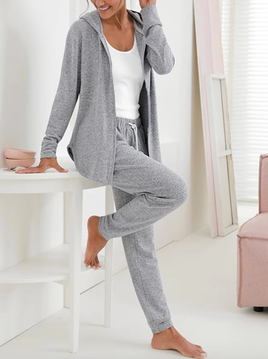 Damen Unifarben Tunnelzug Zweiteiliges Set Täglich Langarm Lässig Frühling/Herbst Mantel mit Hosen Matching Set