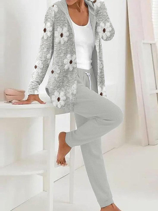 Damen Geblümt Print Zweiteiliges Set Täglich Langarm Lässig Frühling/Herbst Mantel mit Hosen Matching Set