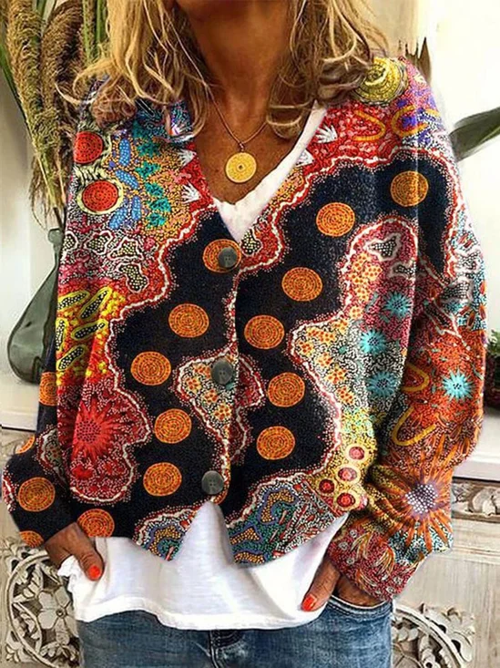 Damen Abstrakt Print Langarm V-Ausschnitt Lässig Frühling/Herbst Strickjacke Oberbekleidung