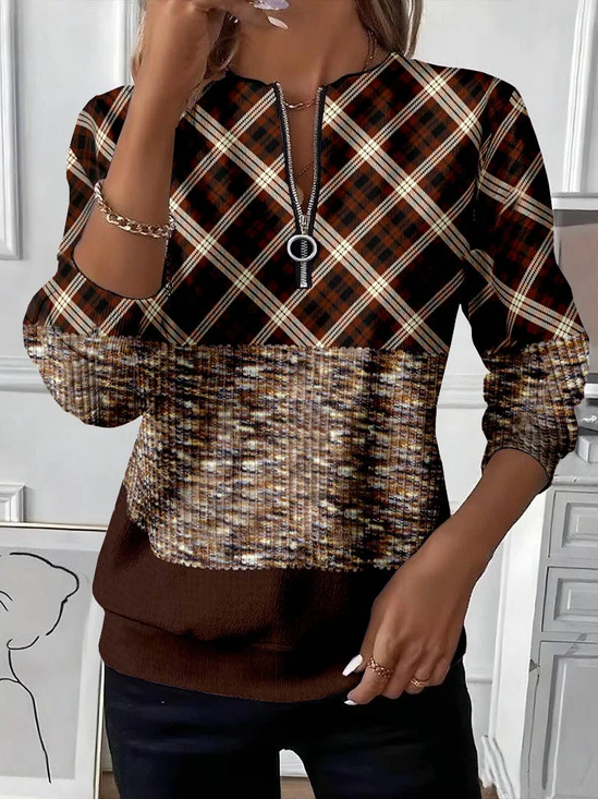 Damen Kariert Rundhals Print Lässig Frühling/Herbst Langarm Sweatshirt