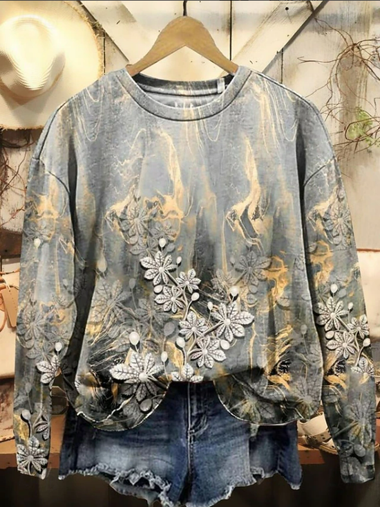 Damen Geblümt Rundhals Print Lässig Frühling/Herbst Langarm Sweatshirt