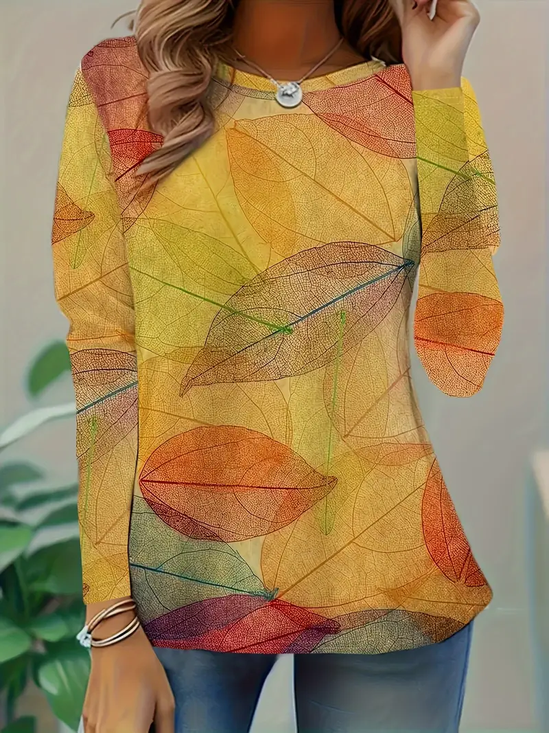 Damen Blätter Langarm T-Shirts T-Shirt Rundhals Lässig Frühling/Herbst Tunika Oberteile