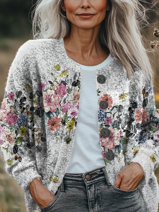Damen Geblümt Print Langarm Rundhals Retro Frühling/Herbst Strickjacke Oberbekleidung