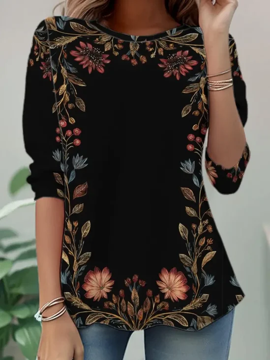 Damen Geblümt Langarm T-Shirts T-Shirt Rundhals Lässig Frühling/Herbst Tunika Oberteile