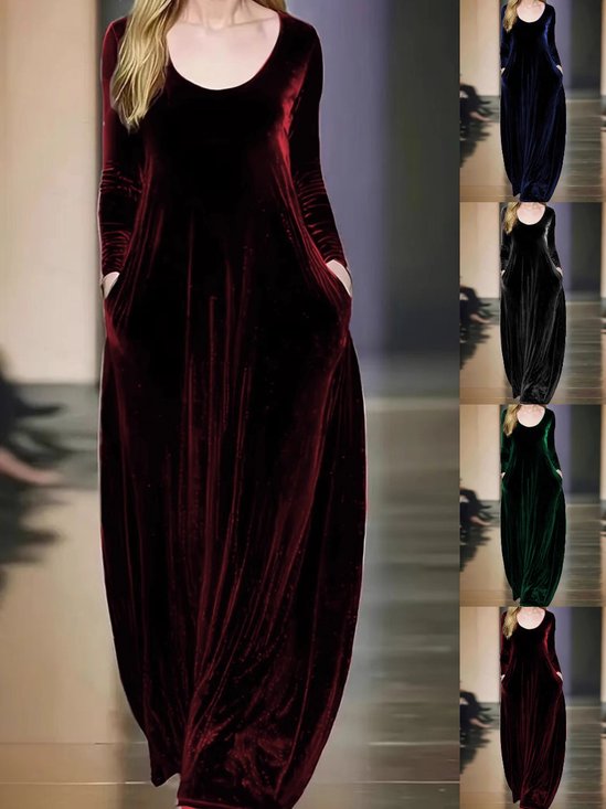 Damen Unifarben Langarm Frühling/Herbst Nahtverarbeitung Kleid Rundhals Täglich Retro Maxikleid Samt A-Linien-Kleid