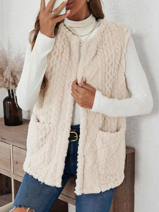 Geprägt Straße Unifarben Regelmäßige Passform Doppelseitig Kragenlos Plüsch Tasche Lässig Strickjacke Tanktop
