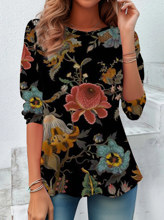 Damen Geblümt Langarm T-Shirts T-Shirt Rundhals Lässig Frühling/Herbst Tunika Oberteile