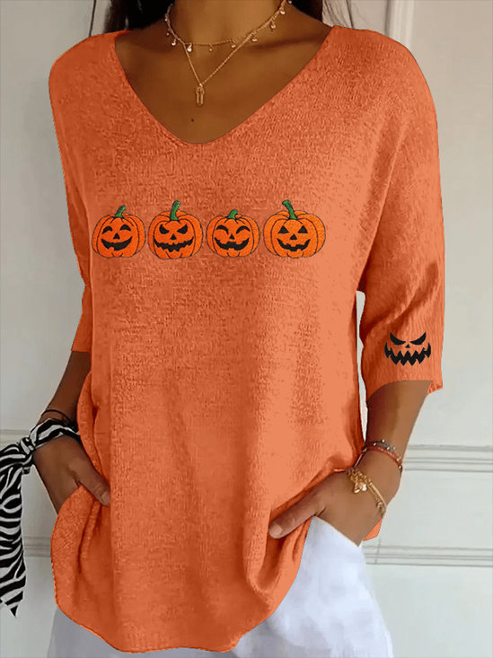 Damen Halloween (Kürbis) Dreiviertelärmel T-Shirts T-Shirt V-Ausschnitt Print Lässig Frühling/Herbst T-Shirt mit Grafik Oberteile