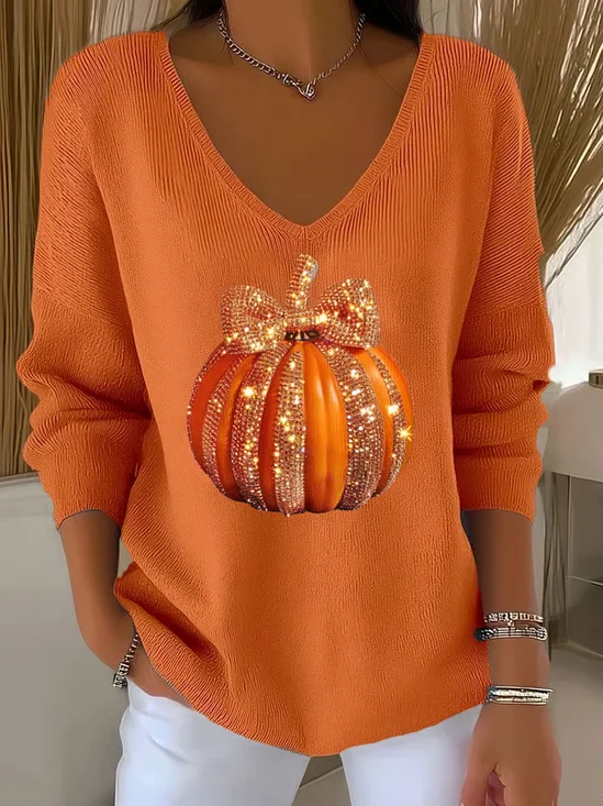 Damen Halloween (Kürbis) Langarm T-Shirts T-Shirt V-Ausschnitt Print Lässig Frühling/Herbst Oberteile